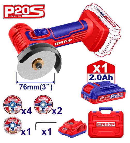 Compact 20V Cordless Mini Cut-off Tool 19500rpm 76mm Disc M6 Spindle with Metal Cutting Grinding Discs Wet Diamond Disc 2.0Ah Battery Charger Color Box